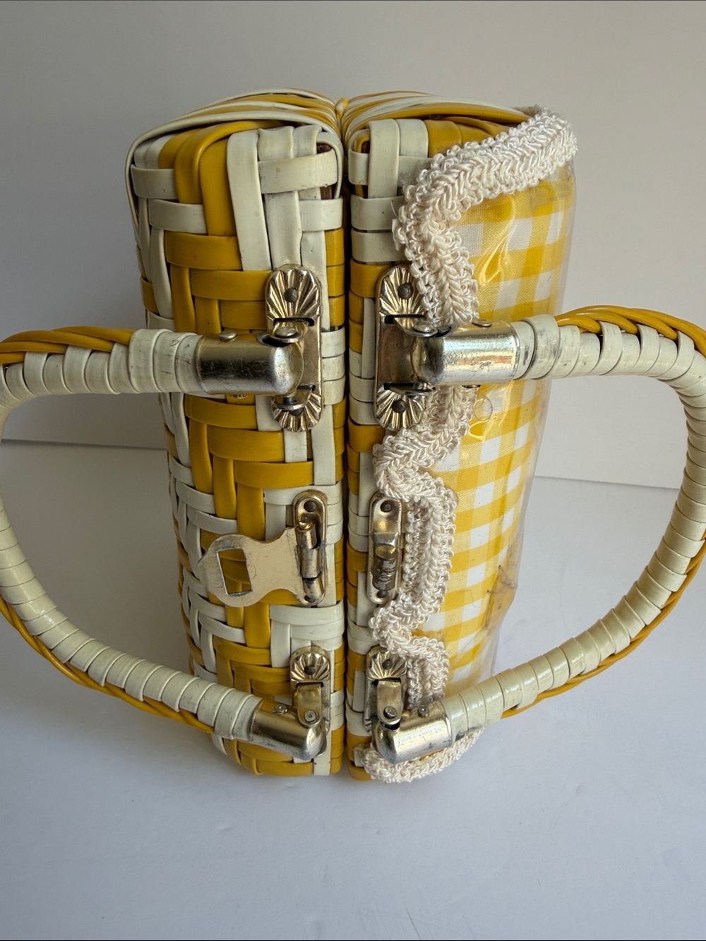 Rare 1960s Vintage Yellow Gingham Fur Accent Women's Handbag - Picture 14 of 15
